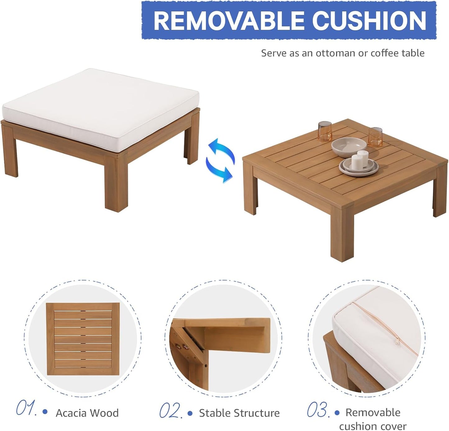 SUNSITT 2 Piece Acacia Wood Patio Furniture Outdoor Loveseat Sofa Set with Adjustable Armrest, FSC Certified L-Shaped Patio Set w/2-in-1 Coffee Table, Cream White Cushions for Garden