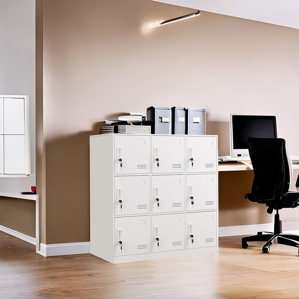 Student Locker Organizer, Multi-Door Steel Locker, Small Locking Cabinet Storage Organizer, Office File Cabinet, Home Locker, Gym Locker, Metal Storage Locker - Gray and White (9 Door, White)