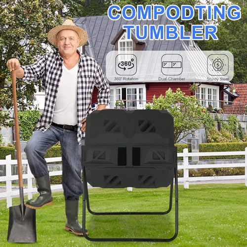 FDW | Outdoor Compost Bin | 43 Gallon | Black | Dual Chamber Tumbling Bin