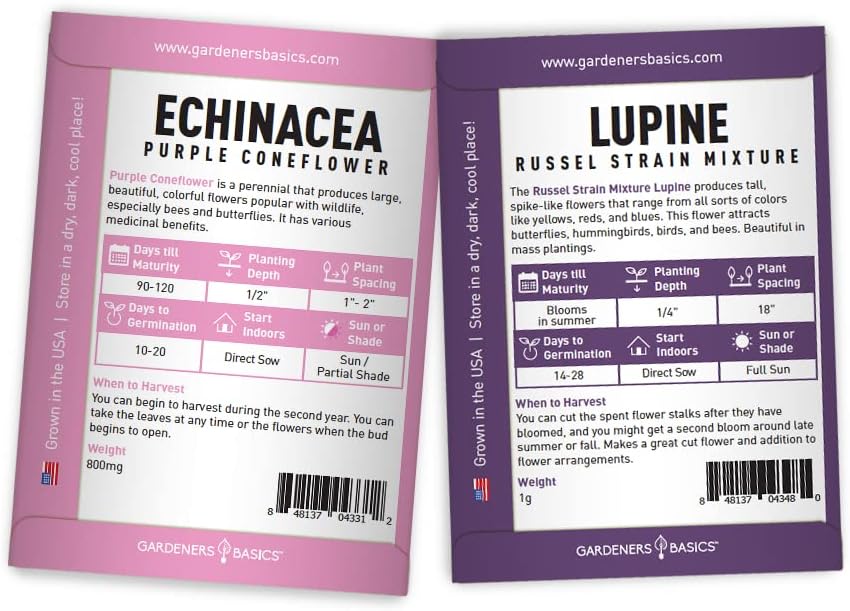 Gardeners Basics, Perennial Flower Seeds for Planting Outdoors (5 Variety Pack) Lupine, Columbine, Echinacea Purple Coneflower, Black Eyed Susan, Shasta Daisy for Pollinators Wildflower Seed