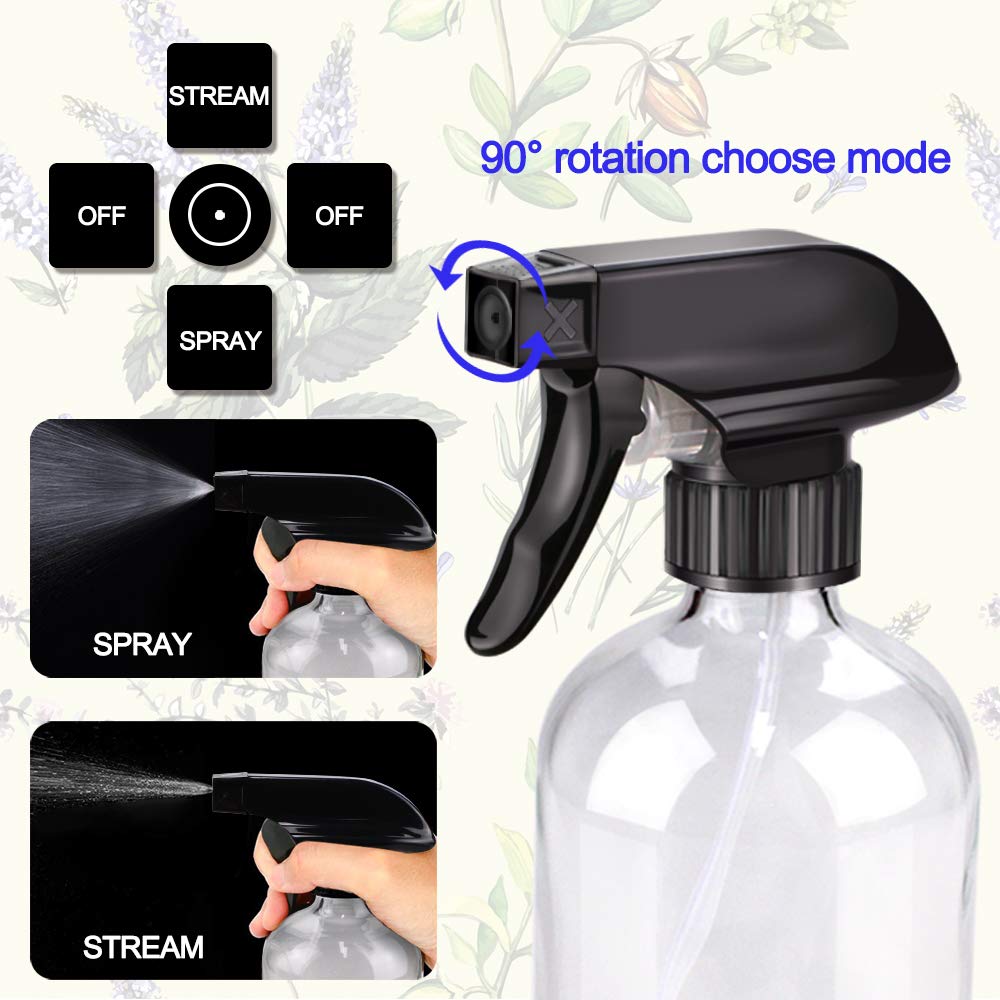 Wedama Glass Spray Bottle, 2 Pack Clear 16 oz Glass Spray Bottles for Cleaning Solutions and Essential Oils, Refillable Empty Spray Bottle with Adjustable Nozzles for Alcohol, Plant and Hair Care