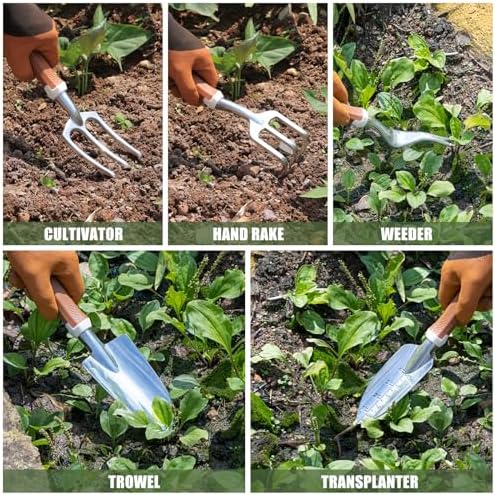 Garden Tool Set, 12 Pcs Heavy Duty Floral Gardening Tools Kit with Gardening Hand Weeder Tools, Durable Storage Bag and Gardening Gloves, Gardening Gifts for Women and Men Brown