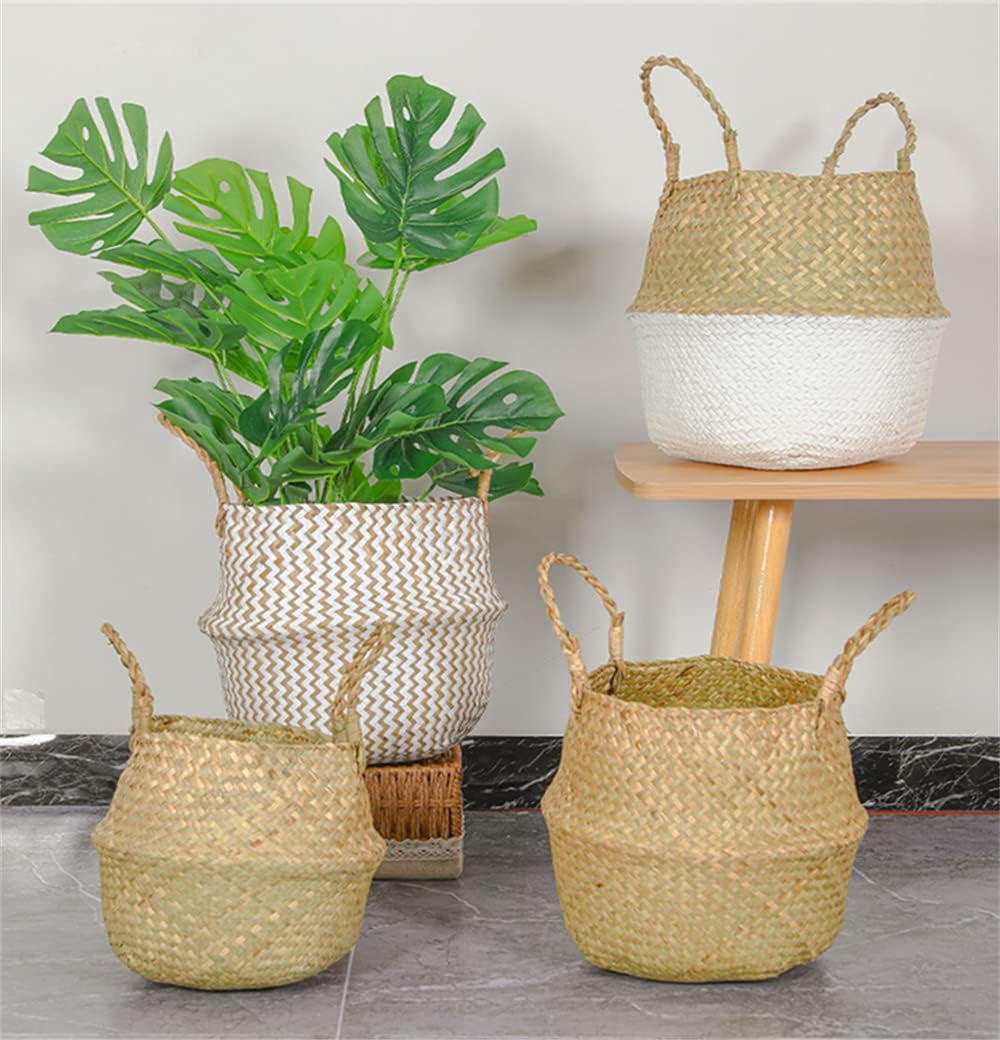 DOKOT Seagrass Plant Basket with Handles, Round Storage Wicker Basket (10.6inch Diameter x 12.5inch Height, Natural)