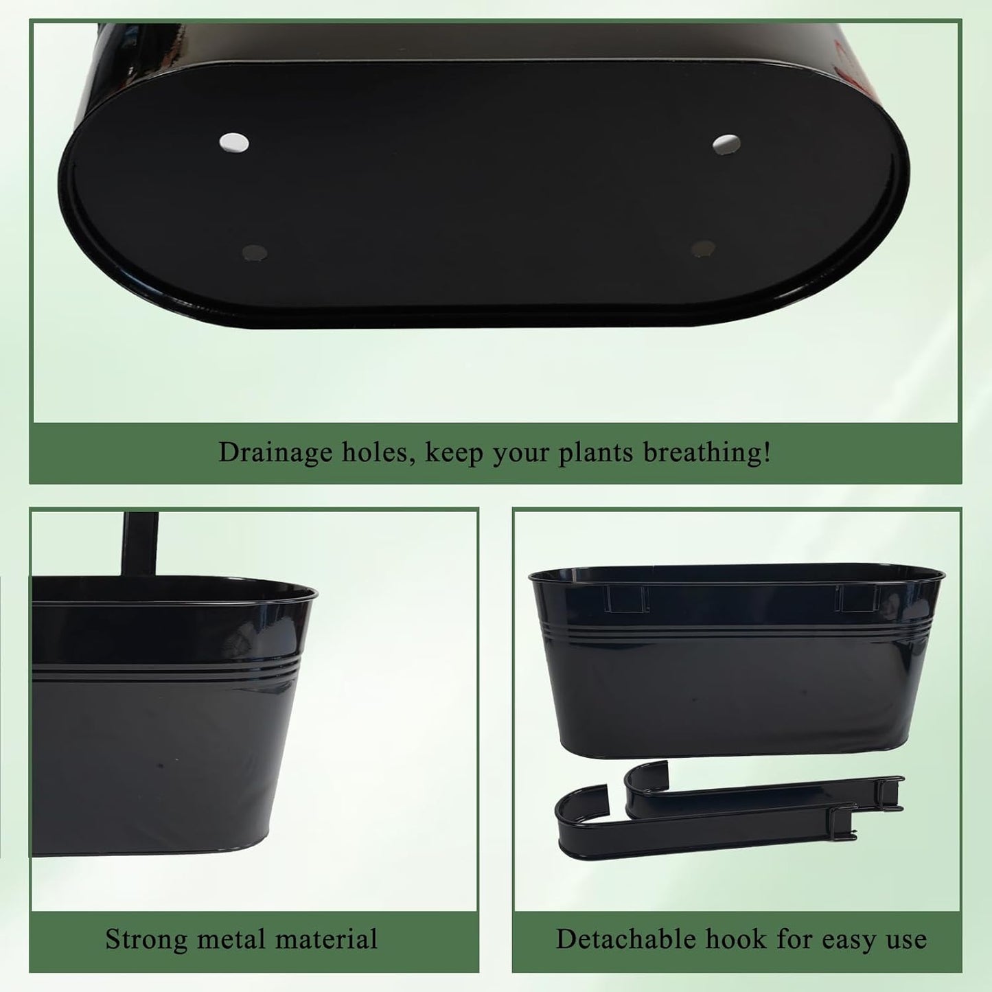 Hanging Planters for Outdoor Plants, 17" Railing Planter Pots, Metal Fence Flower Pot for Porch Balcony with Detachable Hook (Black, Pack of 4)