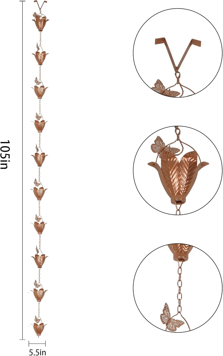 Topadorn 8.7 FT Rain Chain Iron Butterfly Gutter Chains with 10 Rain Collector Thick Iron Flower Cups Garden Decoration