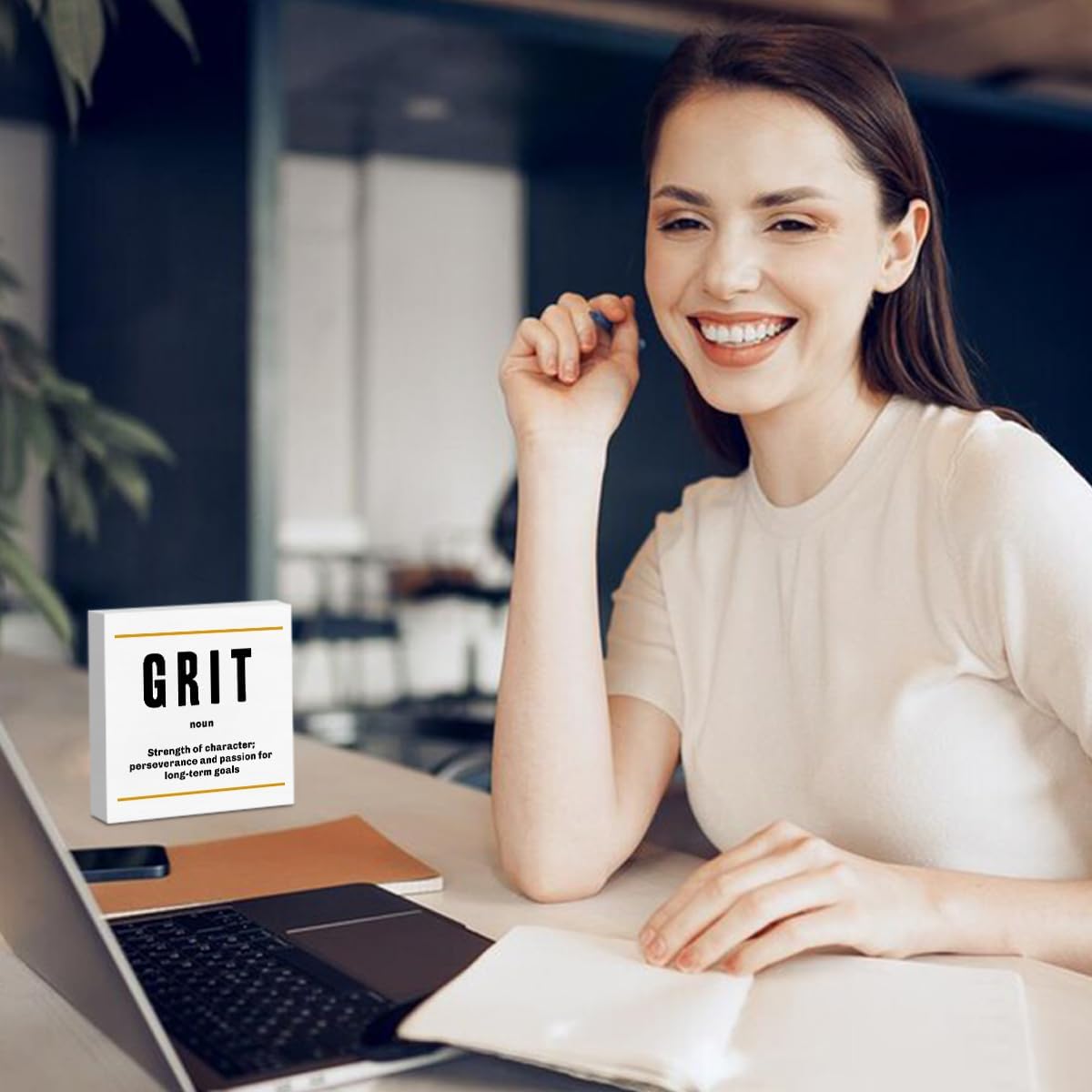 Grit Noun Entrepreneur White Wooden Box Sign, Inspirational Office Decor Decorative Table Shelf Desk Decor, Rustic Workplace Farmhouse Home Bedroom Classroom Decor Office Decorations Desk Accessories