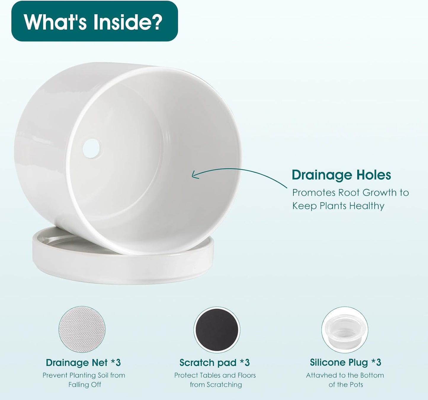 vancasso Ceramic Planters, Plant Pots for Indoor Plants, 6.25+8.25+10.25 Inch Ceramic Pots for Plants, Flower Pots with Drainage Holes, Planters Pot for Indoor House Plant, Set of 3, White