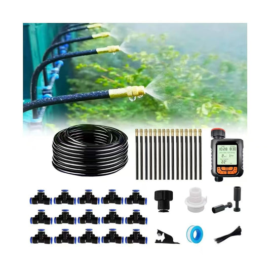 New drip Irrigation kit, Automatic Garden Watering System, Quick Connector and 360-degree Bending Dropper atomizing Copper Nozzle, Garden Plant Lawn Courtyard Watering System. (Timer)