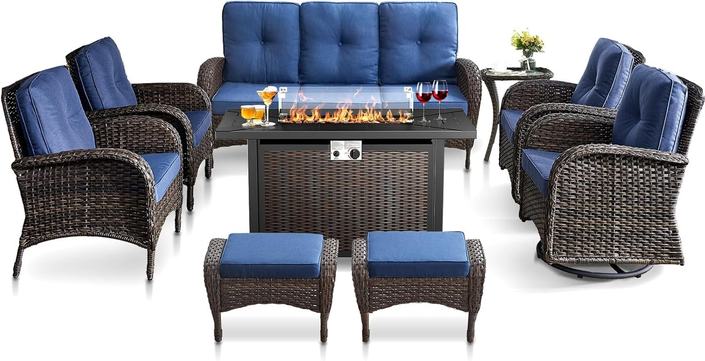 HUMMUH 9 Piece Patio Furniture Set with Fire Pit Table,Wicker Patio Swivel Rocker Outdoor Chairs 3-Seat Sofa with Ottomans for Backyard,Poolside,Deck