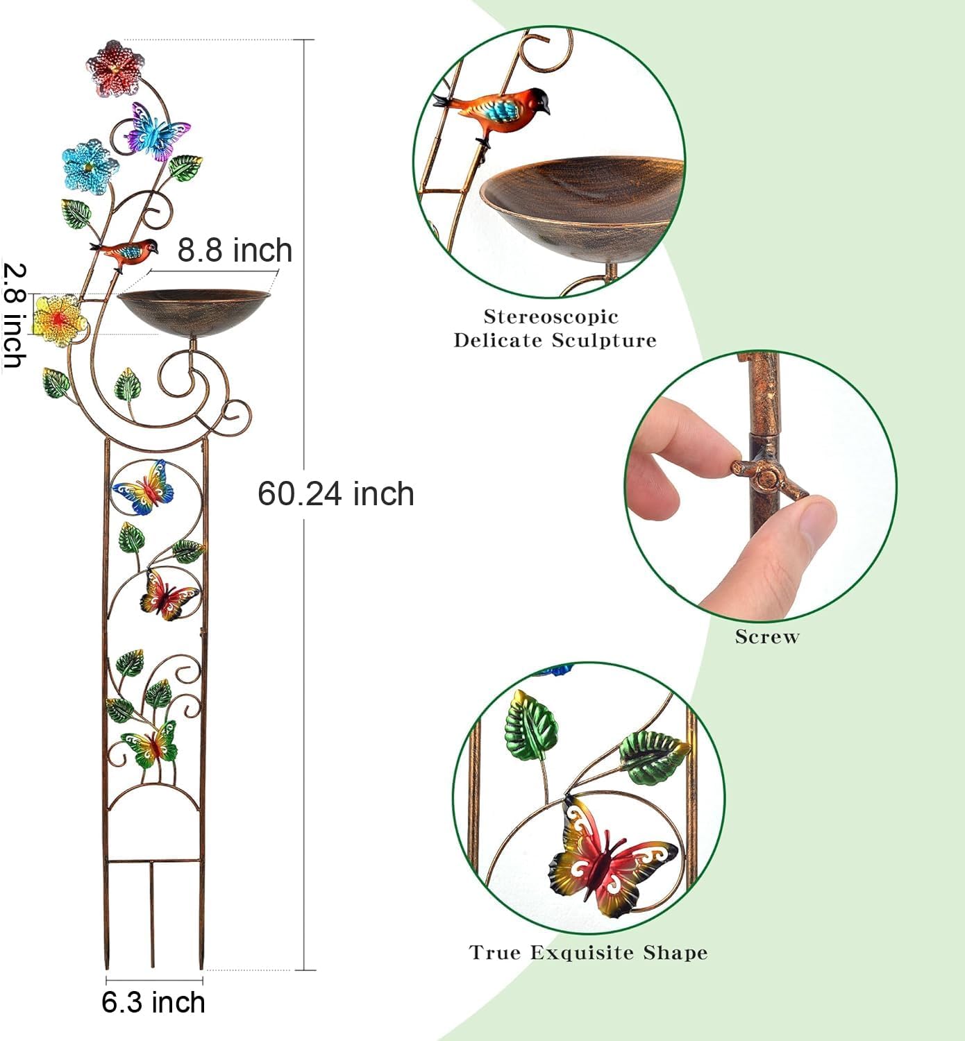 57” Bird Bath with Garden Trellis for Climbing Plants Outdoor, Small Decorative Metal Birdbath Bird Baths, Butterfly (Butterfly)