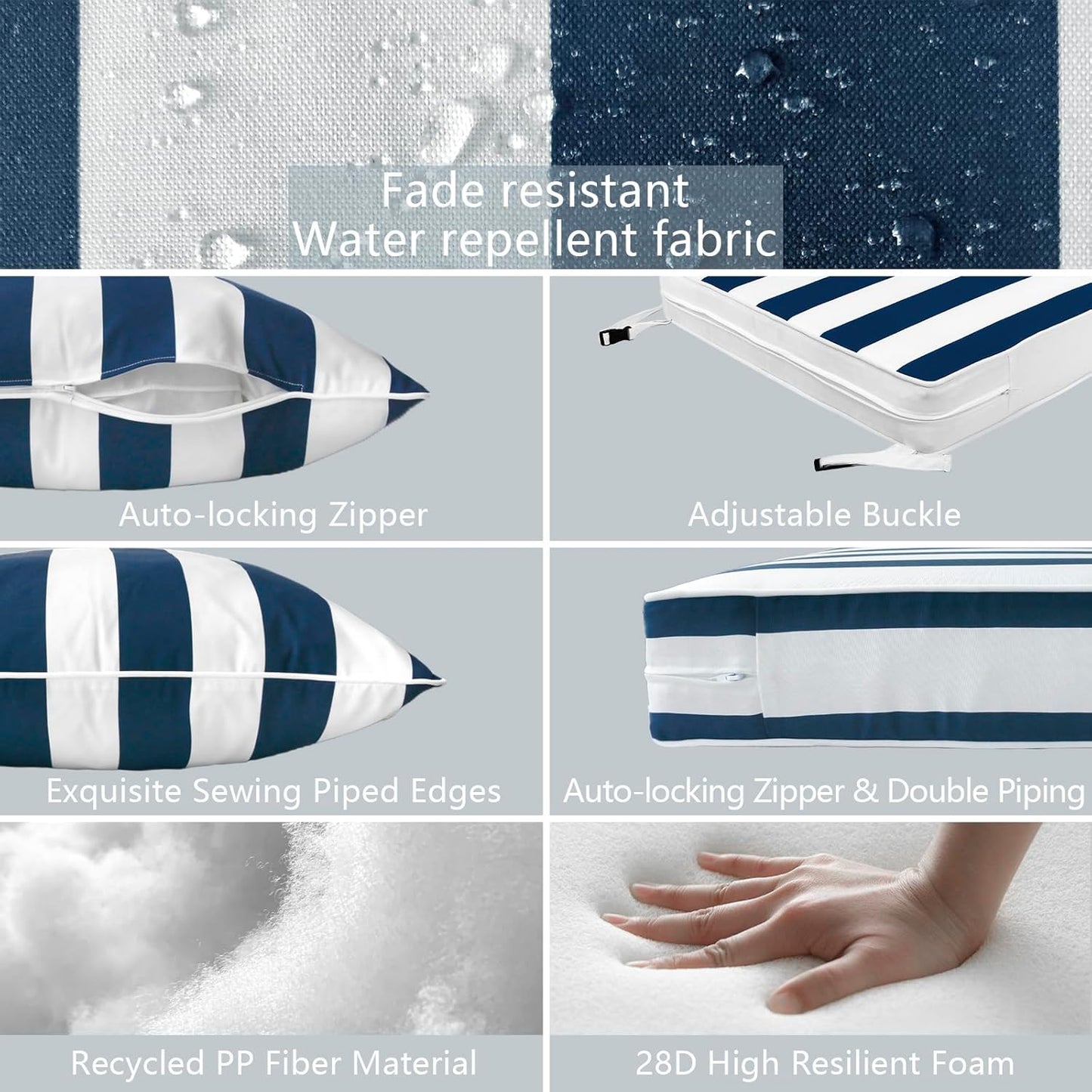 LVTXIII Outdoor Deep Seat Cushion Patio Seat and Back Cushion Set Seasonal Chair Cushion with Removable Cover and Adjustable Buckle for Home and Garden, 22"x22"x4", Cabana Navy