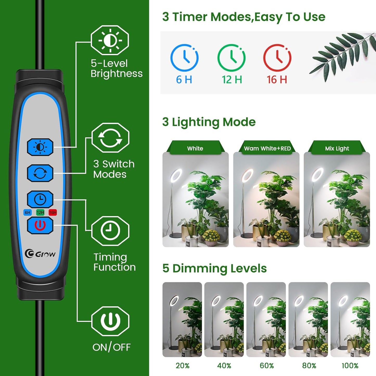 Grow Lights for Indoor Plants Full Spectrum, 80 LEDs Plant Light for Indoor Plants, Height Adjustable 6.3in Desktop Growing Lamp with Auto Timer 6/12/16Hrs, 3 Optional Spectrums,5 Brightness