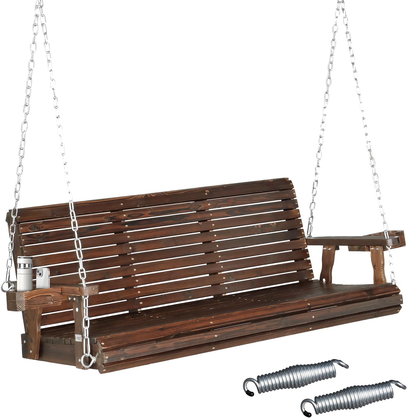 VINGLI XL Size Patio Wooden Porch Swing Outdoor with Cup Holders & Phone Slots, Heavy Duty 880 LBS Hanging Swing Chair Bench with Hanging Chains for Yard, Lawn, Garden (5 FT Pro, Rustic)