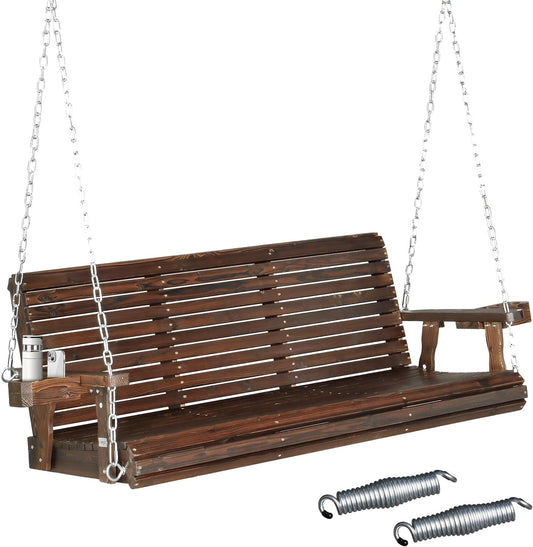 VINGLI XL Size Patio Wooden Porch Swing Outdoor with Cup Holders & Phone Slots, Heavy Duty 880 LBS Hanging Swing Chair Bench with Hanging Chains for Yard, Lawn, Garden (5 FT Pro, Rustic)