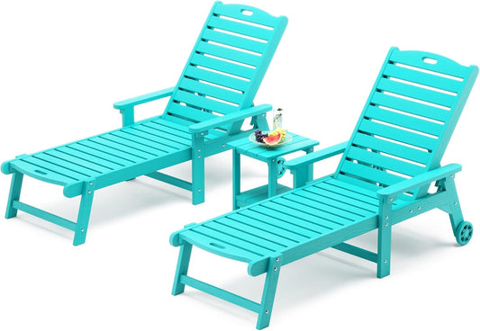 LUE BONA Chaise Lounge Chairs Set with Table, 3-Piece, 79'' Oversized HDPS Chaise Lounger, 5 Positions Adjustable Lounge Chairs, Pool Lounge Chair with Wheels for Poolside, 3 Year Warranty, Aruba Blue