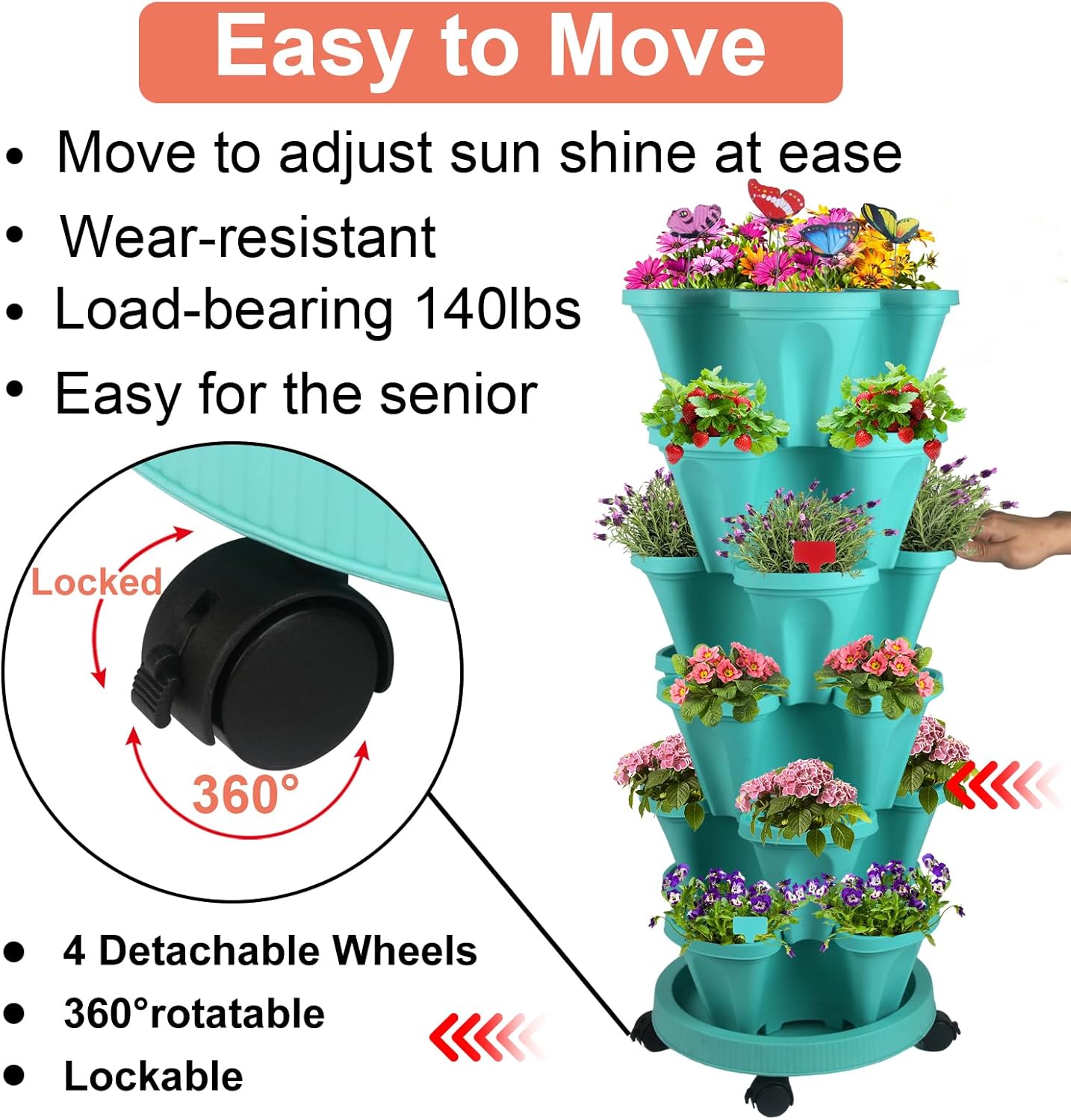 Vertical Planter, 6 Tier Stackable Strawberry Planter with Garden Tool Set, Movable Indoor/Outdoor Garden Herb Pot for Growing Vegetables and Succulents, Teal