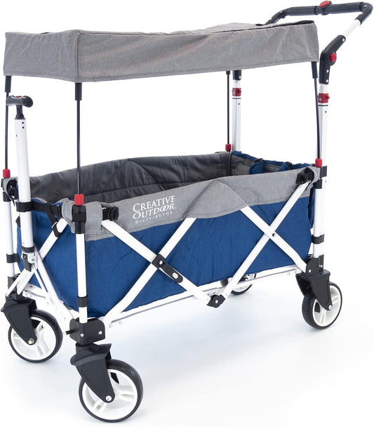 Creative Outdoor Push Pull Stroller Wagon for Kids,150lbs Weight Capacity, Collapsible Folding Cart with Canopy, Silver Series Plus, Beach, Park, Garden & Tailgate (Blue/Gray)