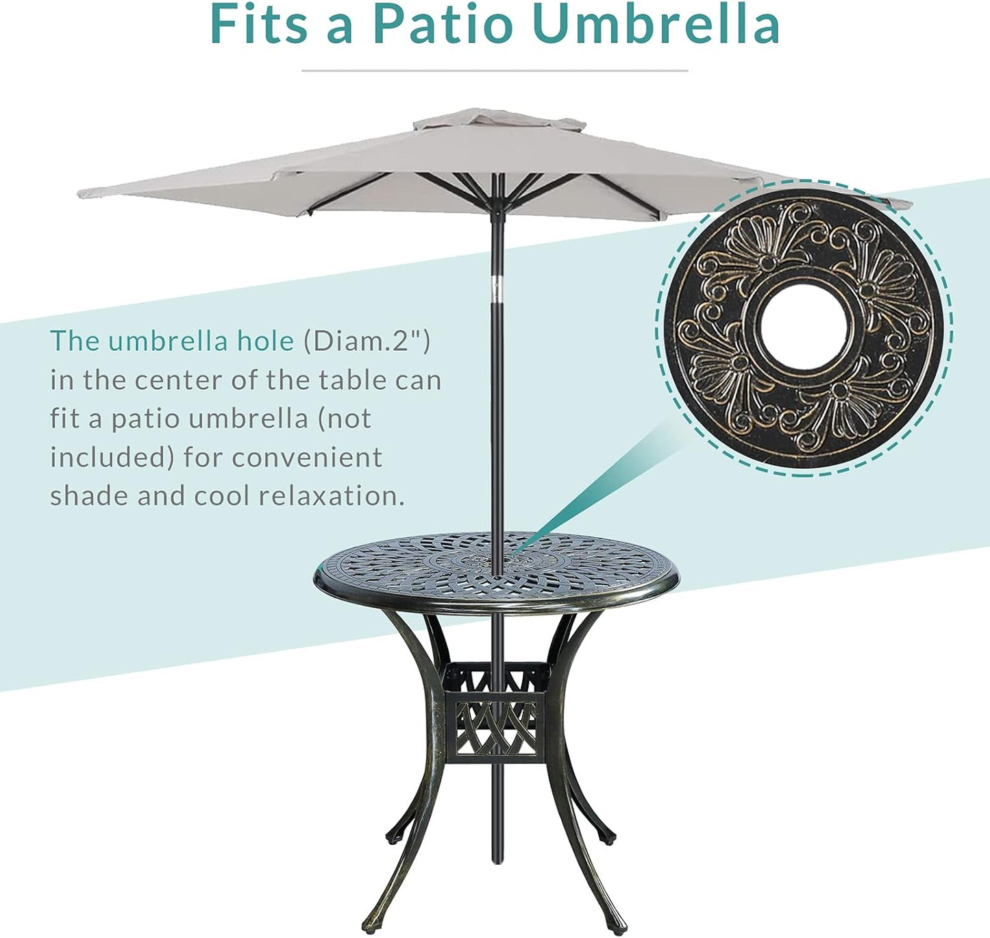 MEETWARM 3 Piece Patio Bistro Set, Outdoor All-Weather Cast Aluminum Dining Furniture Set Includes 2 Cushioned Chairs and a 31” Round Table with Umbrella Hole for Garden Deck