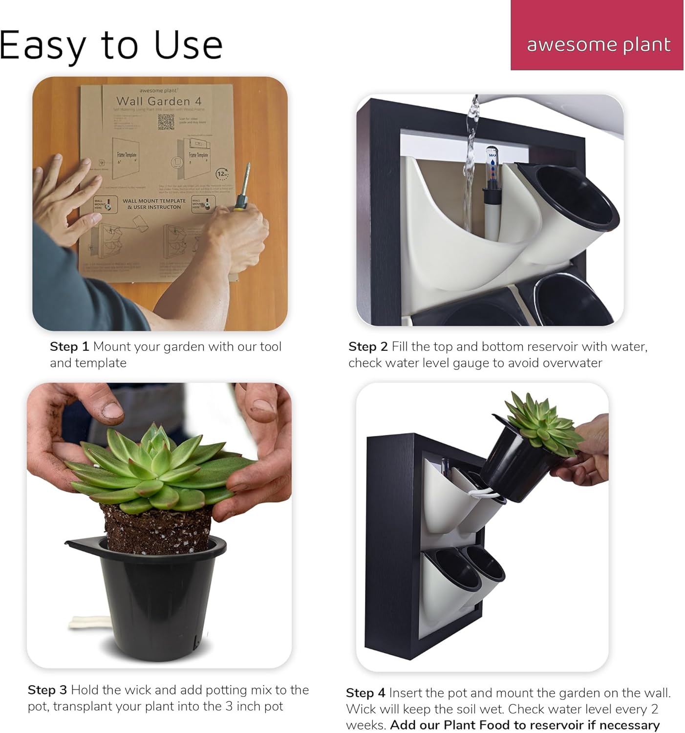 Wall Garden 4 Vertical Wall Planter, 4 Pots Wood Frame Self Watering Living Planter for Home Office Decor, Wall-Mounted Planter for Indoor Houseplants (Black)