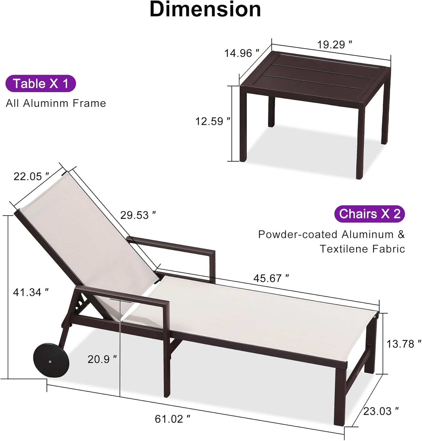 PURPLE LEAF Pool Lounge Chairs Set of 3 Aluminum Outdoor Lounge Chairs with Wheels and Armrests Adjustable Patio for Deck Outside Lawn Garden, Linen