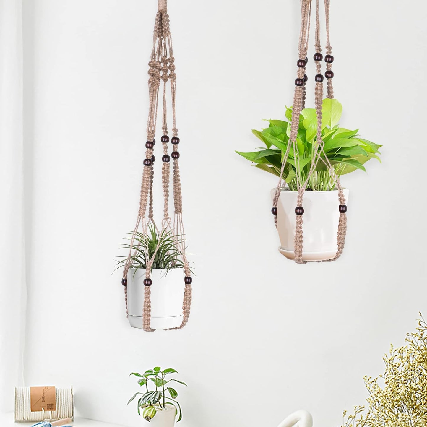 Macrame Plant Hanger Indoor Hanging with Wood Beads Macrame Planters No Tassel for Indoor Outdoor Boho Home Decor 35 Inch (Brown, 1pc)