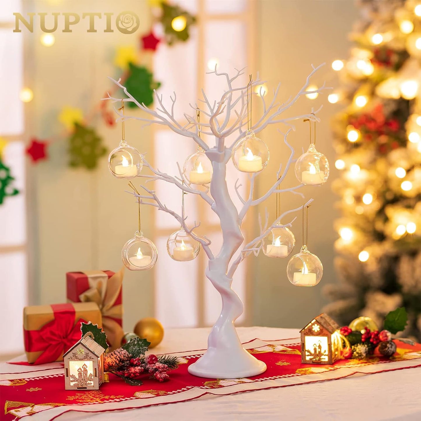 NUPTIO Hanging Glass Globe with Candles: Set of 12 Tealight Candle Holders with LED Tea Lights - 2.36 inch Bulk Clear Votive Candleholders for Party Wedding Birthday Shower Celebration Tree Decoration