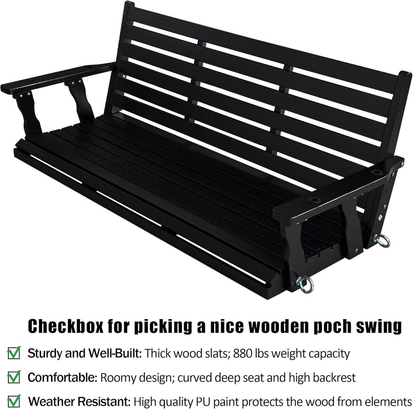 Wooden Porch Swing, Ergonomic Seat, Bench Swing with Hanging Chains and 7mm Springs, Heavy Duty 880 LBS, for Outdoor Patio Garden Yard (Matte Black, 3-Seater Extra Large)