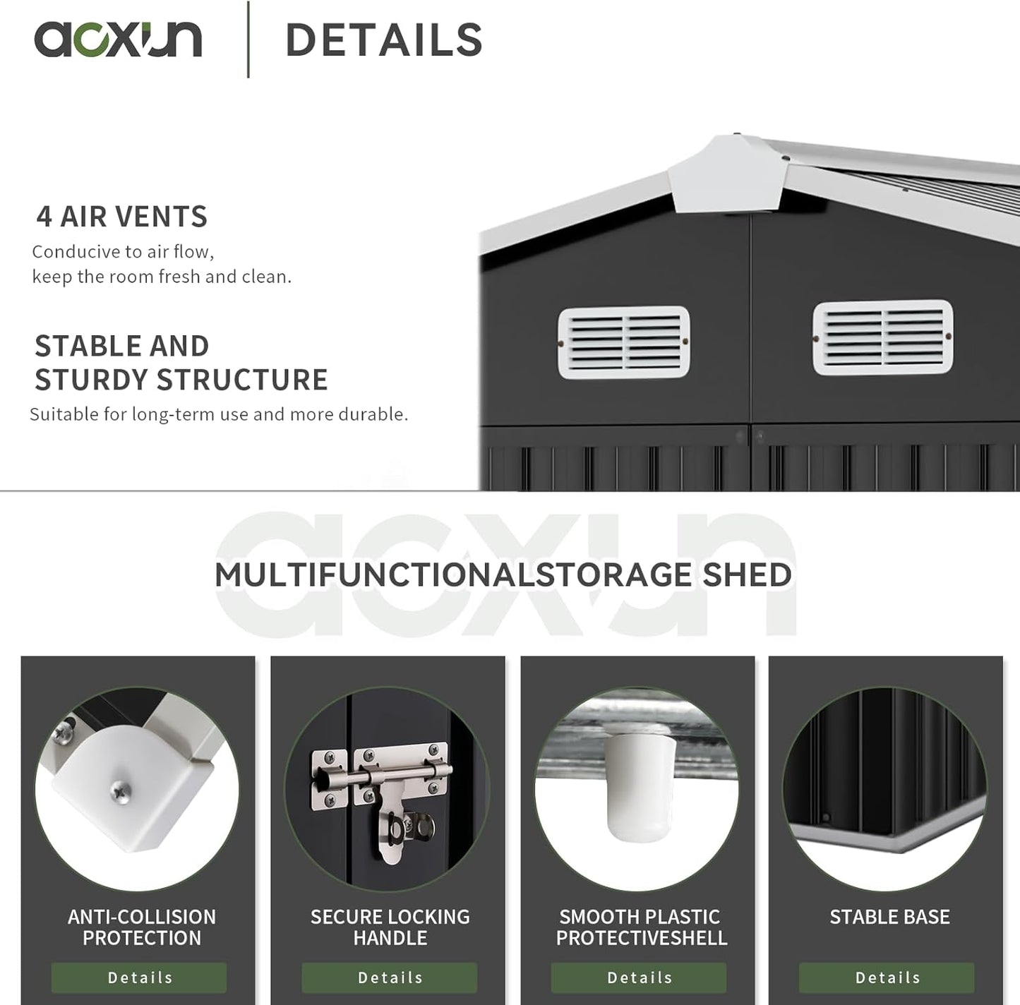 Aoxun 9.4x7.3x6.5 FT Outdoor Storage Shed with Base Outdoor Metal Shed for Tool, Garden, Bike, Placed in Patio, Garden Base Included (Black)