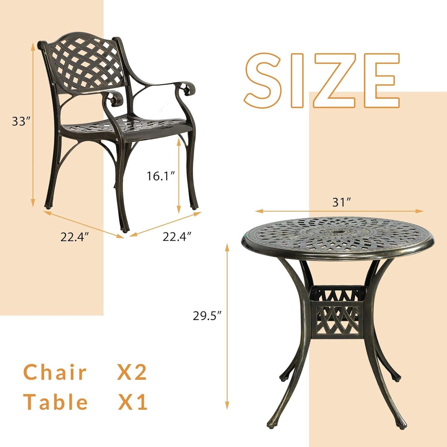 3-Piece Outdoor Patio Dining Set, All-Weather Cast Aluminum Patio Furniture Set for Backyard Garden Deck with 2 Chairs and 31” Round Table, 2" Umbrella Hole