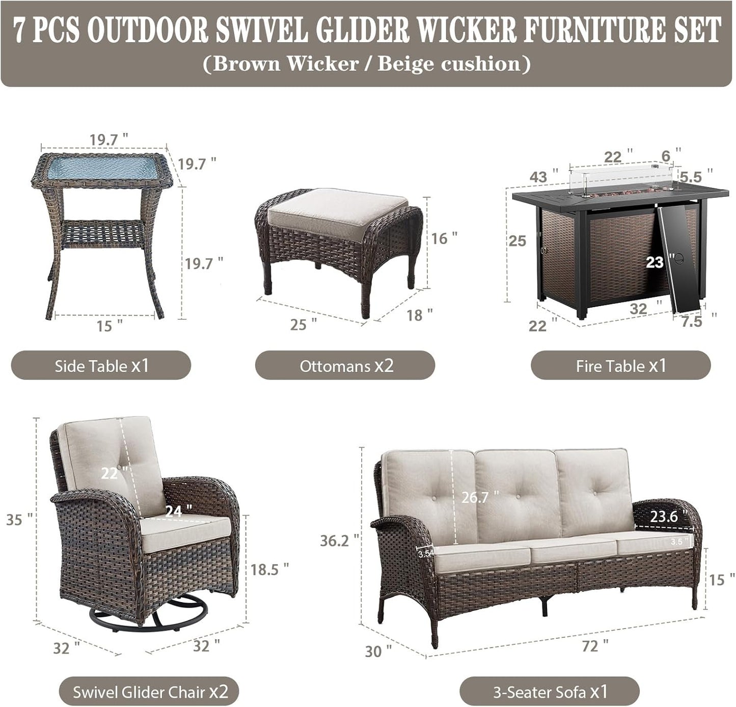 8 Piece Patio Furniture Set with 50000 BTU Propane Fire Pit Table, Outdoor Conversation Set with 2 Swivel Rocker Chairs Wicker Sofa and Ottomans for Casual Gatherings Beige Cushion