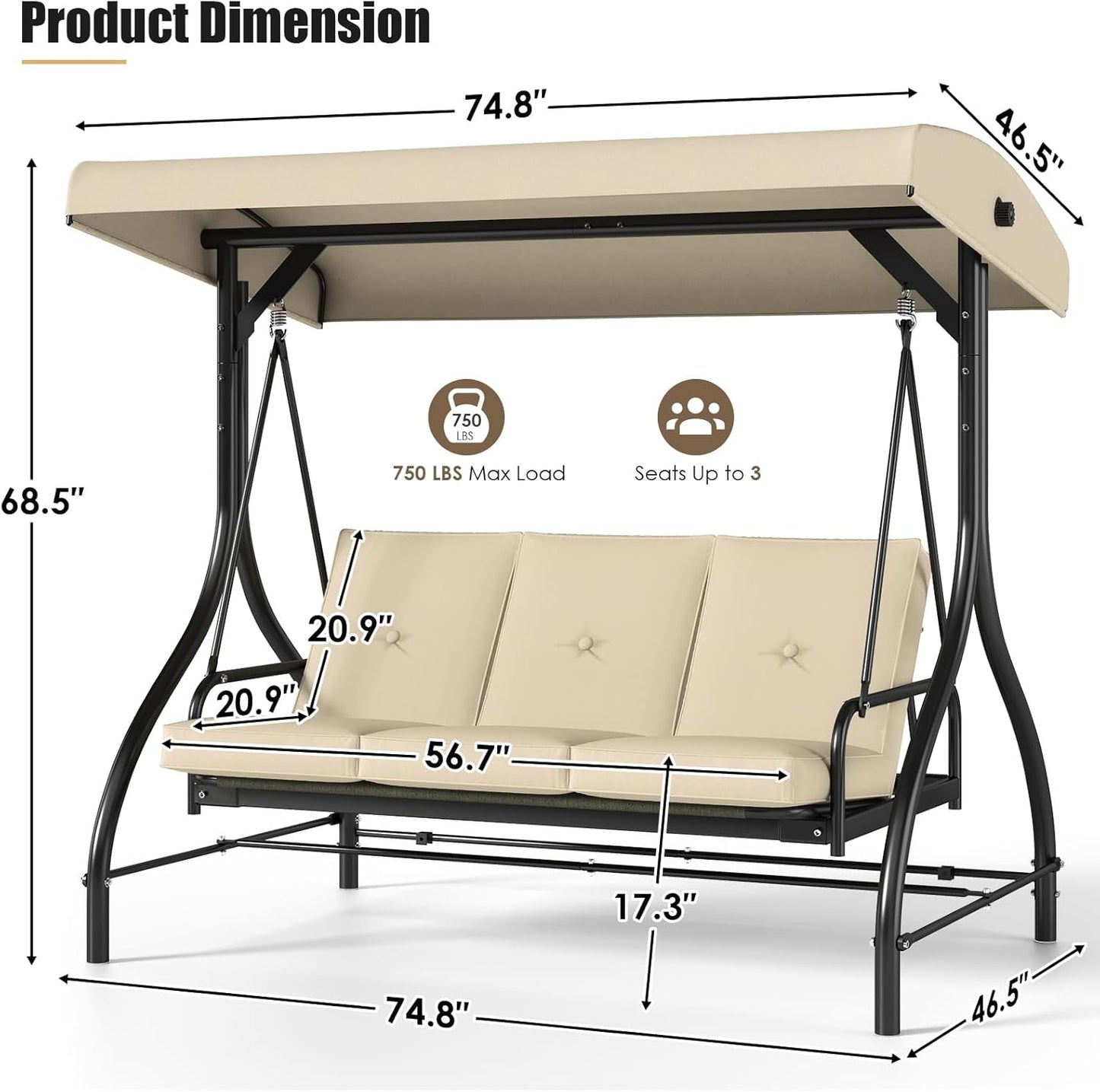 MAMIZO 3-Seat Patio Swing with Adjustable Canopy & Backrest, Outdoor Porch Swing Chair for Adults, Outside Porch Converting Bed Thickened Removable Cushions, 2mm Steel Pipe, for Garden, 750LBS (Beige)