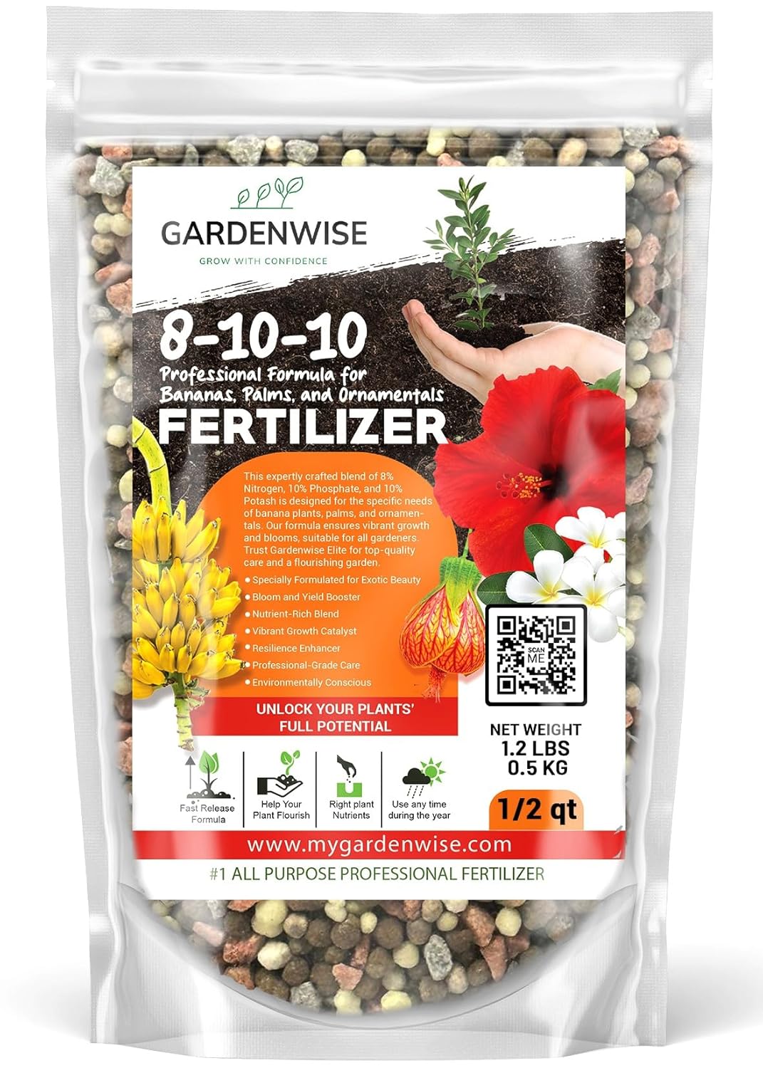 Elite 8-10-10 Professional Fertilizer for Banana, Flowering, and Fruit Trees, Ornamentals - Boosts Flowering & Fruiting - for Indoor & Outdoor Plants (1/2 Quart)