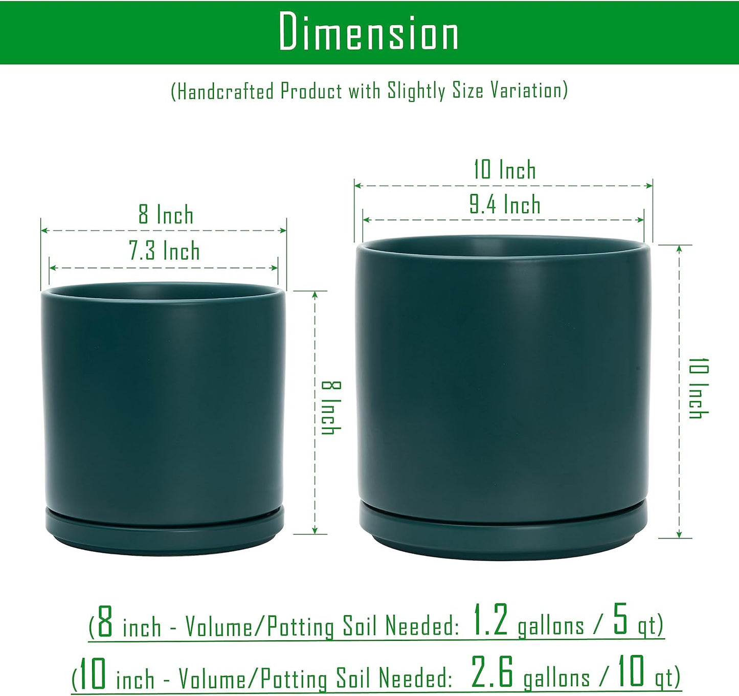 D'vine Dev 8 Inch & 10 Inch Ceramic Planter Pot for Plants with Drainage Hole and Saucer, Large Plant Pots Set, Teal, 94-G-L-9