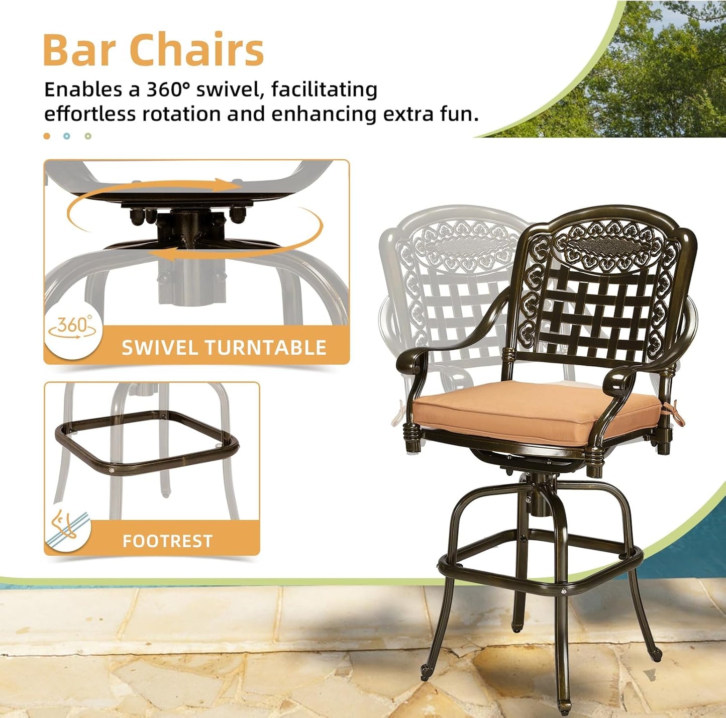 5 Pieces Patio Swivel Bar Set, Patio Bar Table and Chairs Set, All-Weather Cast Aluminum Outdoor Swivel Bar Stools of 4 and 38.5" Bar Table, High Top Bistro Set for Deck, Pool, Garden