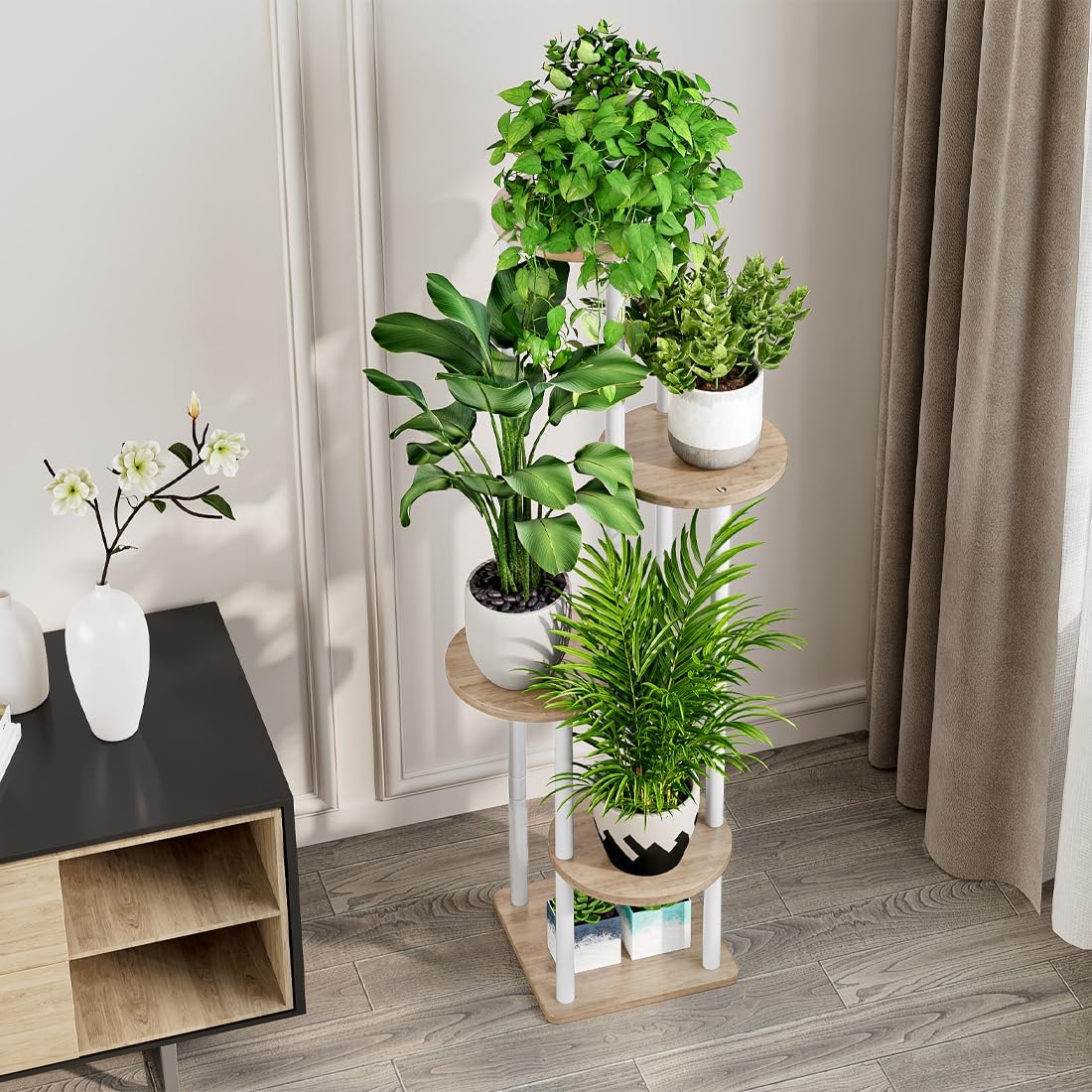 AZERPIAN Plant Stand Indoor 5 Tier Metal Plant Shelf for Multiple Plants Corner Tall Flower Holders for Living Room Balcony Bedroom Patio Garden (White, 5 Tier)