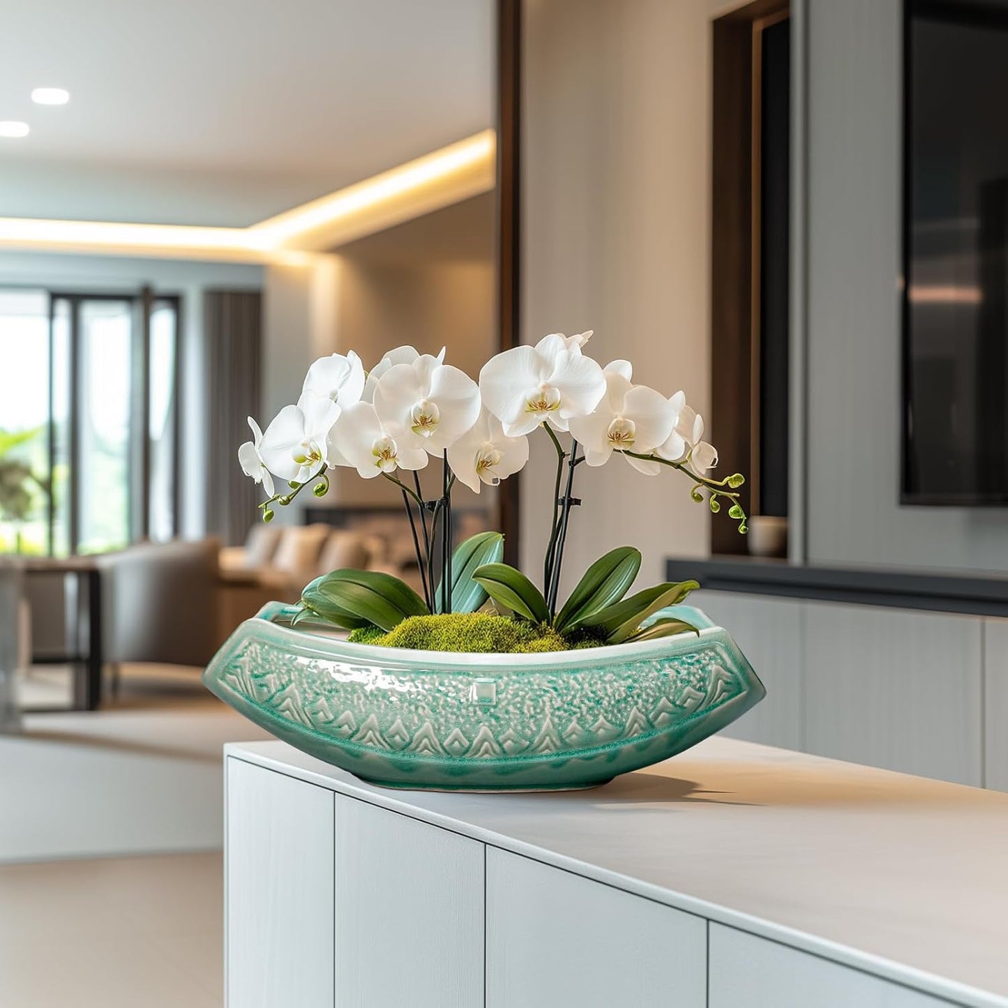 Bonsai Tree Pot - 18 Inch Ceramic Succulent Pots for Indoor Outdoor, Large Bonsai Planter with Drainage Hole, Ceramic Flower Pot, Decorative Planter, Gifts for Plant Lovers, Room Decor, Green