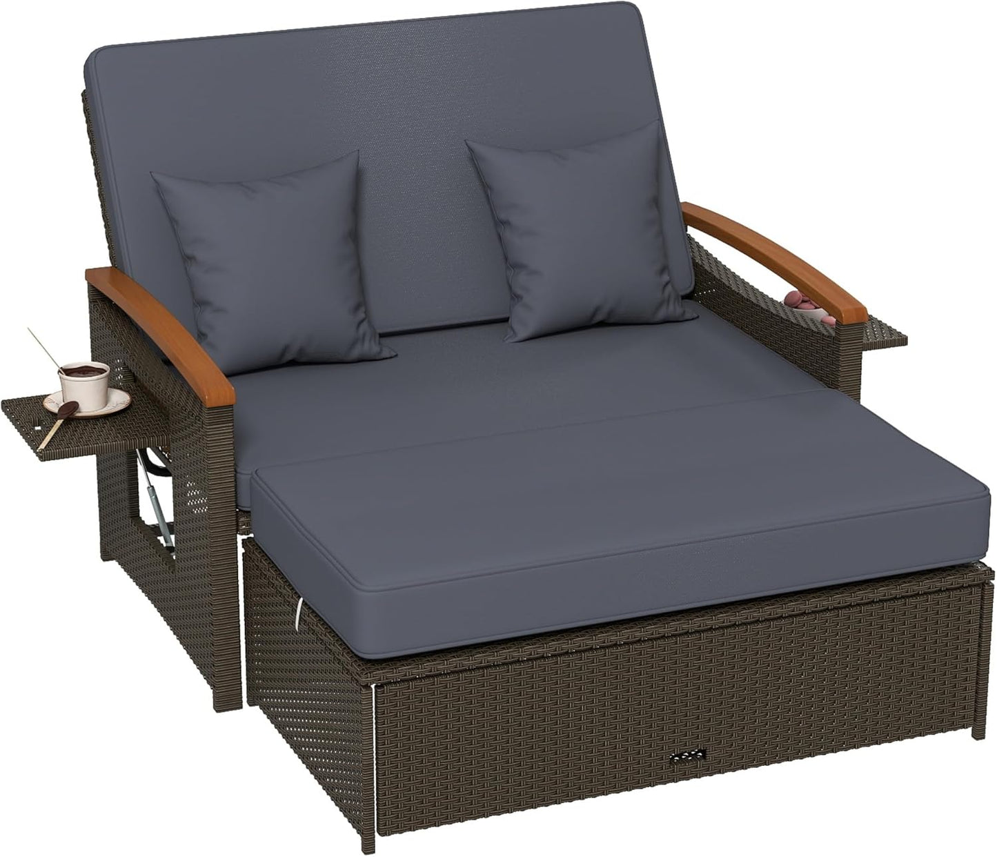 Tangkula Patio Rattan Daybed Set with Cushioned Loveseat and Storage Ottoman, Outdoor Double Chaise Lounger with 4-Level Adjustable Backrest and Retractable Side Trays for Backyard (Gray)