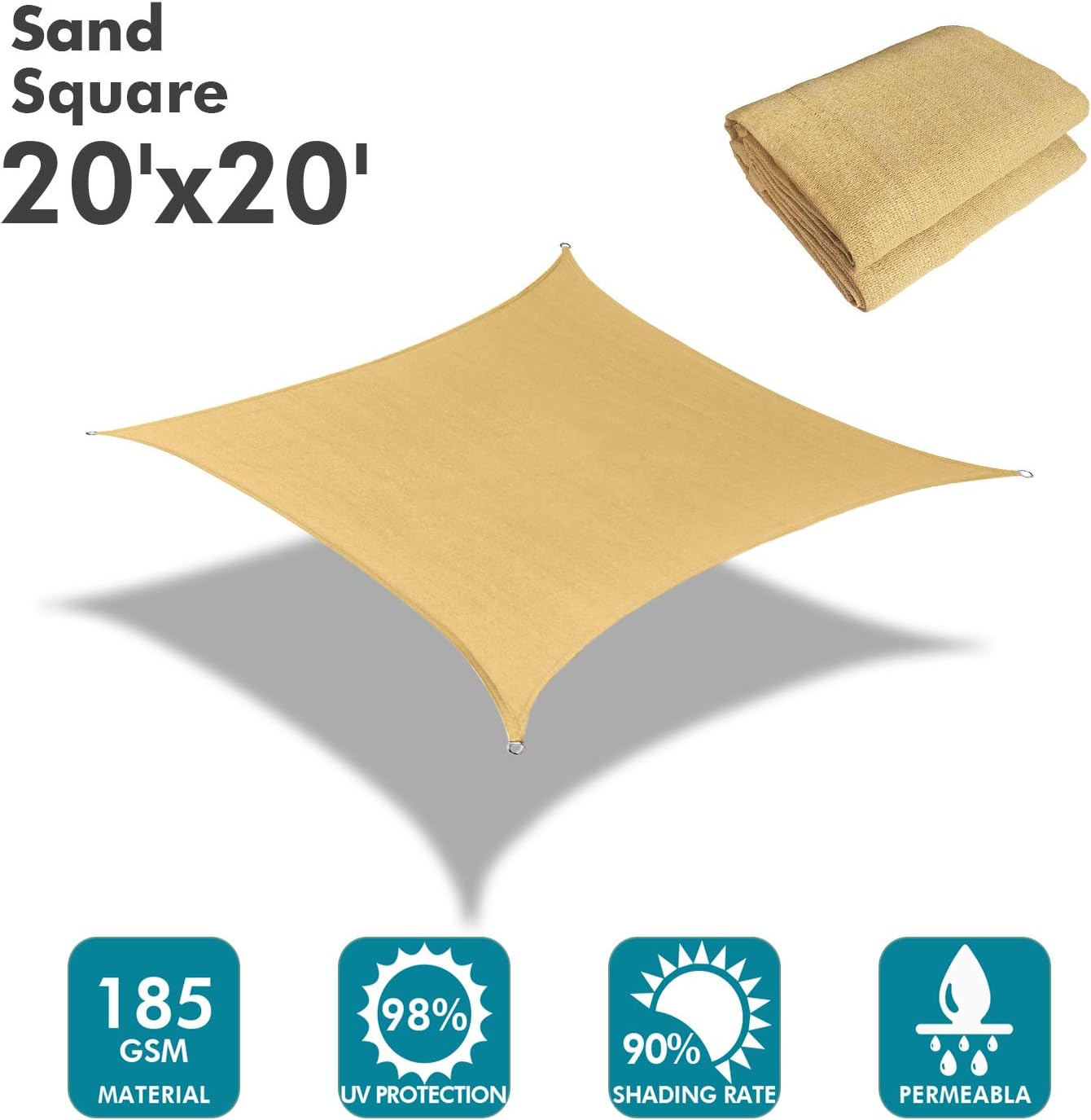 KANAGAWA Sun Shade Sail 20'x20' Sand Rectangle UV Block Canopy Awning Shelter Fabric Cloth Screen for Outdoor Patio Garden Backyard