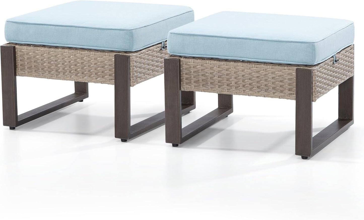 Patio Metal Wicker Ottoman Set of 2, Outdoor PE Rattan Footstools with Removable Cushions & Metal Steel Framed Legs for Garden Backyard Porch Deck, Baby Blue