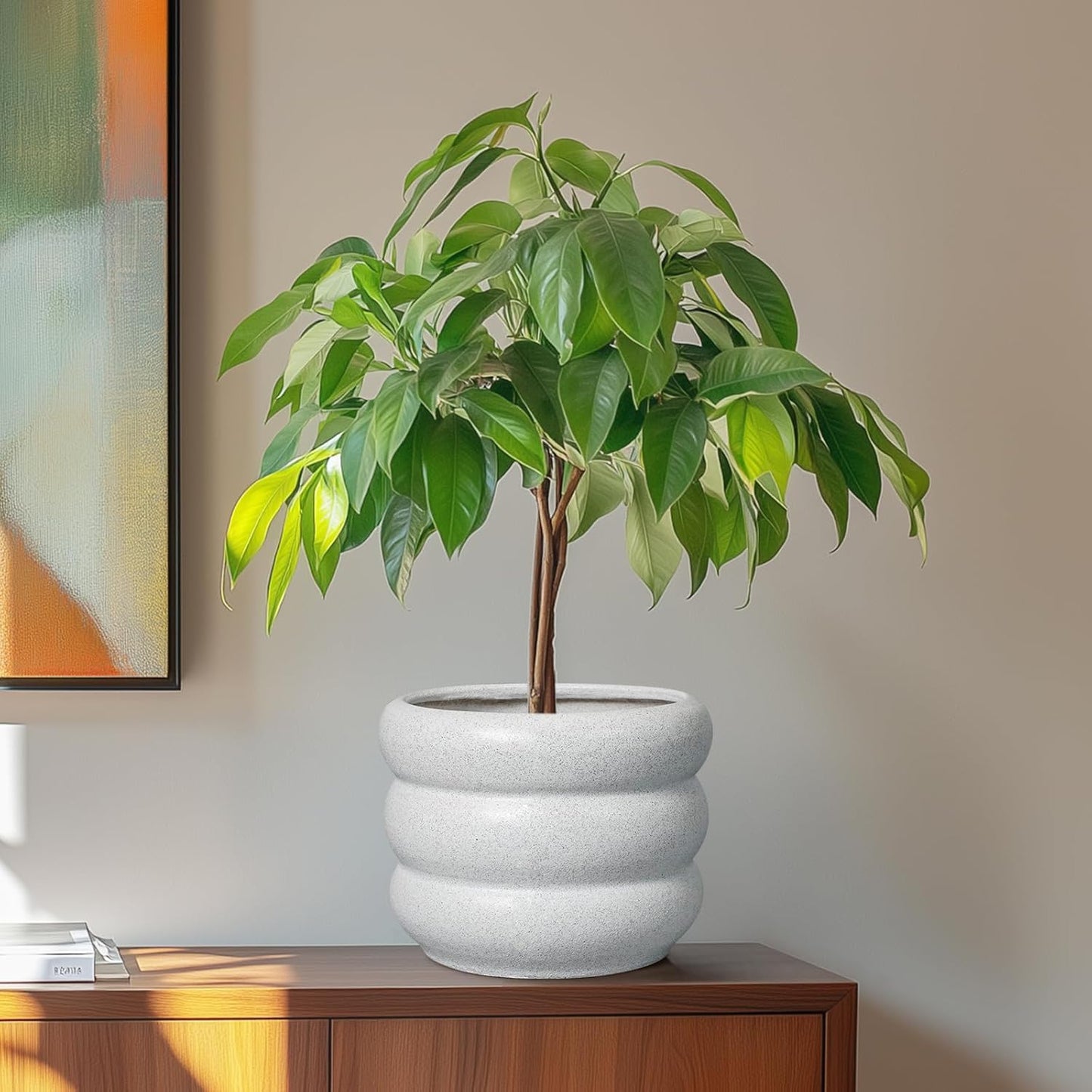 SQOWL Ceramic Planter for Indoor Plants - 8 Inch Plant Pot with Drainage Hole Outdoor Flower Pot Modern Round Planter Medium Plant Pot for Garden Office Decor White