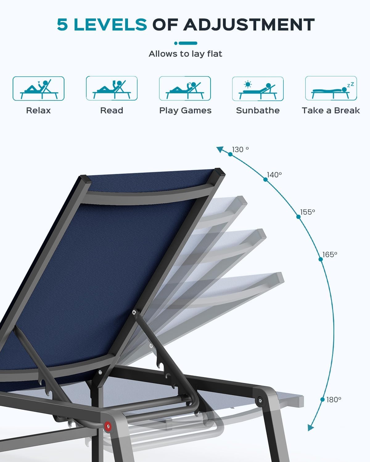 Patio Chaise Lounge Chair, Foldable Lounge Chair for Outside, Aluminum Chairs Set of 2 with 5 Adjustable Backrest, Outdoor Pool Lounger for Poolside, Lawn, Deck, Navy Blue