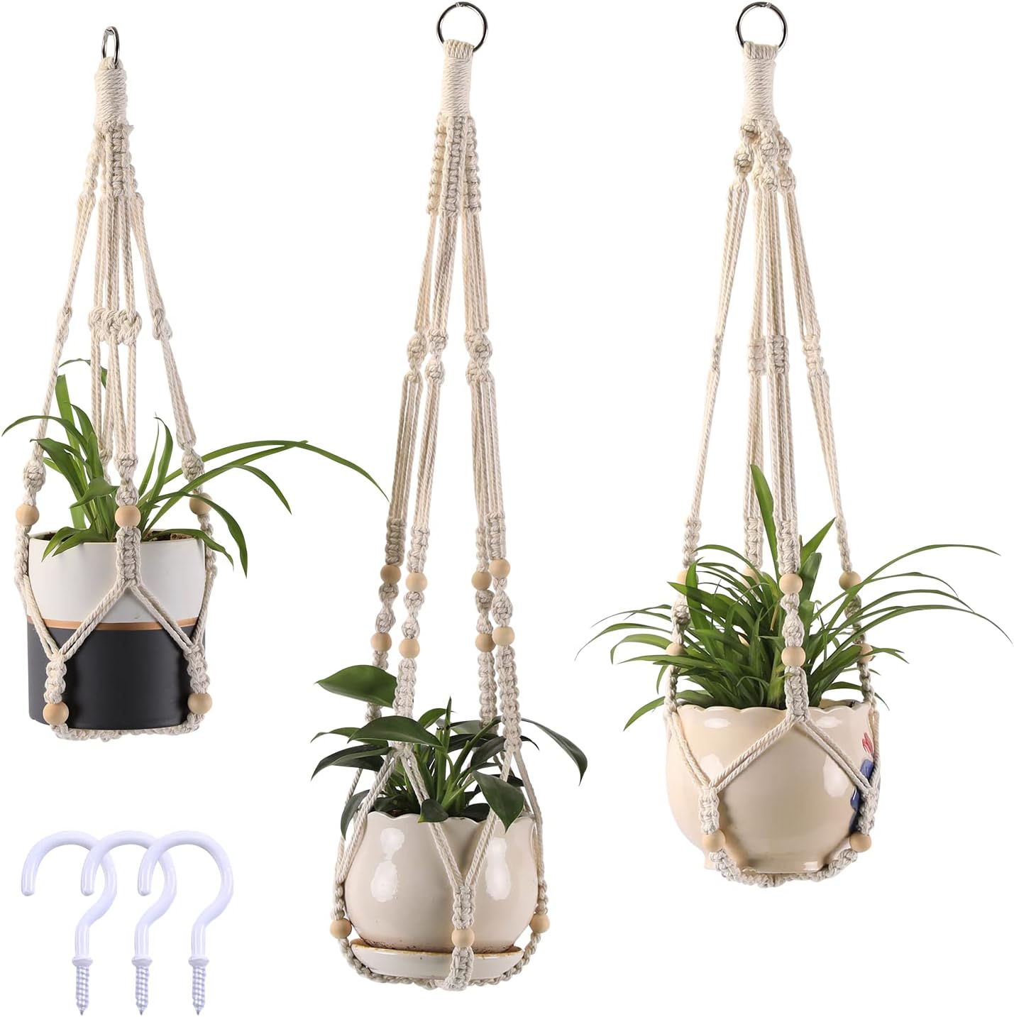 3-Pack Macrame Plant Hanger Indoor - Hanging Planter Basket for Indoor Outdoor - Decorative Boho Plant Holders Set with Beads - Ceiling Flower Pot Holder with 6 Hooks - 35"/30"/24" White