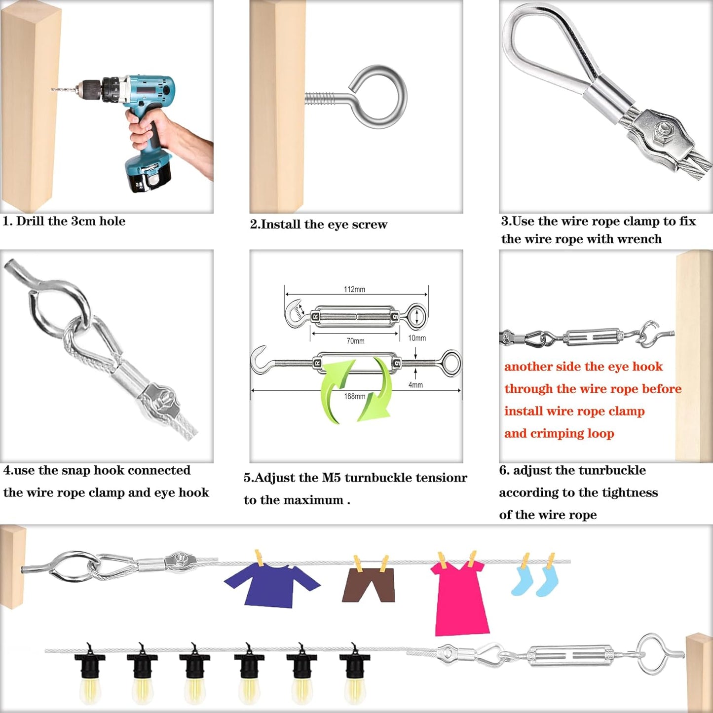 1/8" Stainless Steel Cable,1/8" Wire Rope,M5 Turnbuckle Kit,165FT Wire Tensioner for String Light Hanging Kit,Aircraft Cable,Guy Wire,Stainless Steel Wire Rope Kit