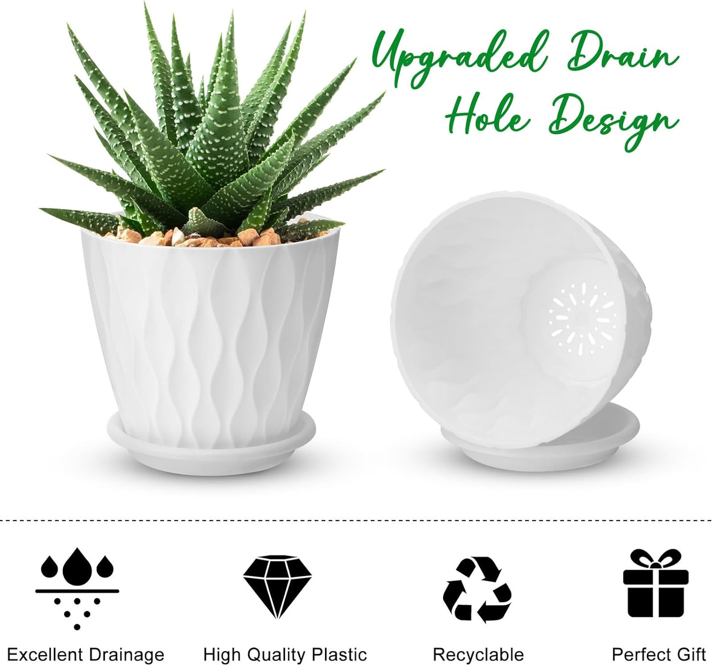 4 inch Plant Pots, 5 Pack Flower Pots Outdoor Indoor, Planters with Drainage Holes and Tray Saucers（White）