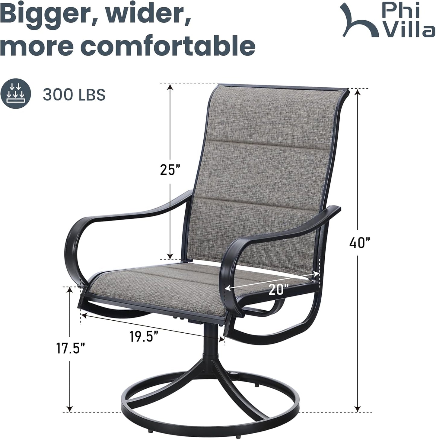 PHI VILLA Swivel Outdoor Chairs Set of 4, All Weather Mesh Fabric Patio Dining Chair with Padded Textilene & E-Coating Metal Frame for Deck Lawn Garden