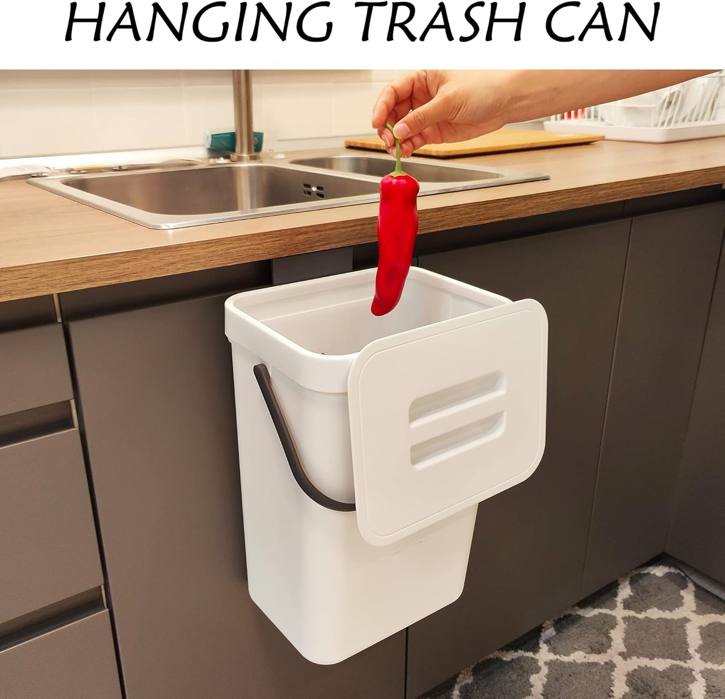 stonespace Hanging Trash Can, 3.2 Gallon/12L Small Waste Bin with Lid for Kitchen Cabinet Door or Under Sink, Bathroom Trash Bin with Lid, Food Waste Bin, 1 Pack White