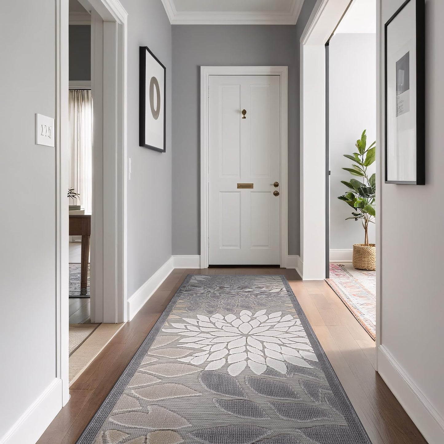 Beverly Rug Outdoor Runner Rug 2x7 Modern Floral Tropical Area Rugs for Indoor and Outdoor Patio Easy to Clean Non Shedding Living Room Porch Garden Washable Outside Carpet (2 x 7 Gray)