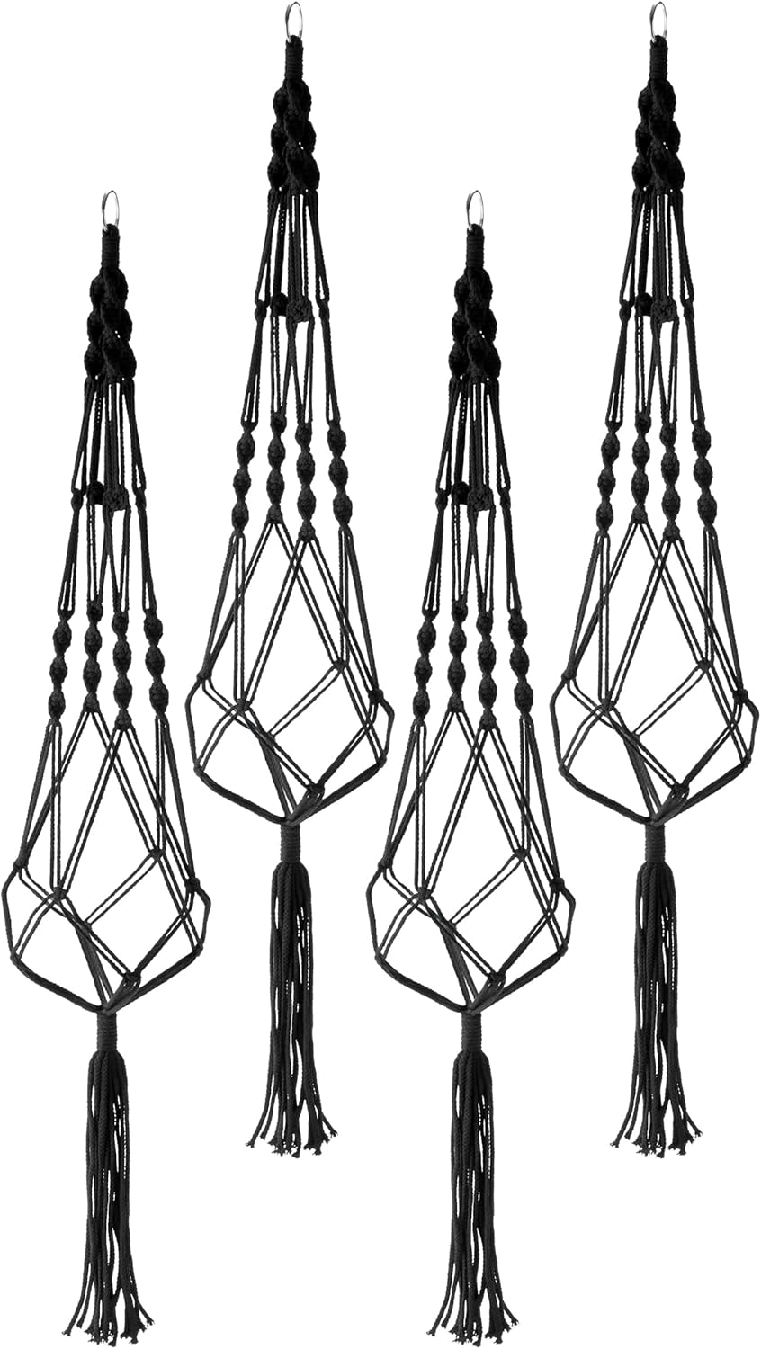 Sorbus Macrame Plant Hanger (4 Pack) Indoor Outdoor Hanging Plant Pots Cotton Rope, Elegant for Home, Patio, Garden (Black)