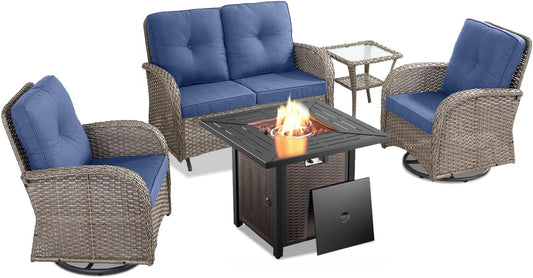 5 Piece Outdoor Patio Furniture Set with 50000 BTU Propane Fire Pit Table, Deep Seating Wicker Swivel Rocker Chairs and Loveseat Glider Patio Conversation Set for Deck Poolside Backyard