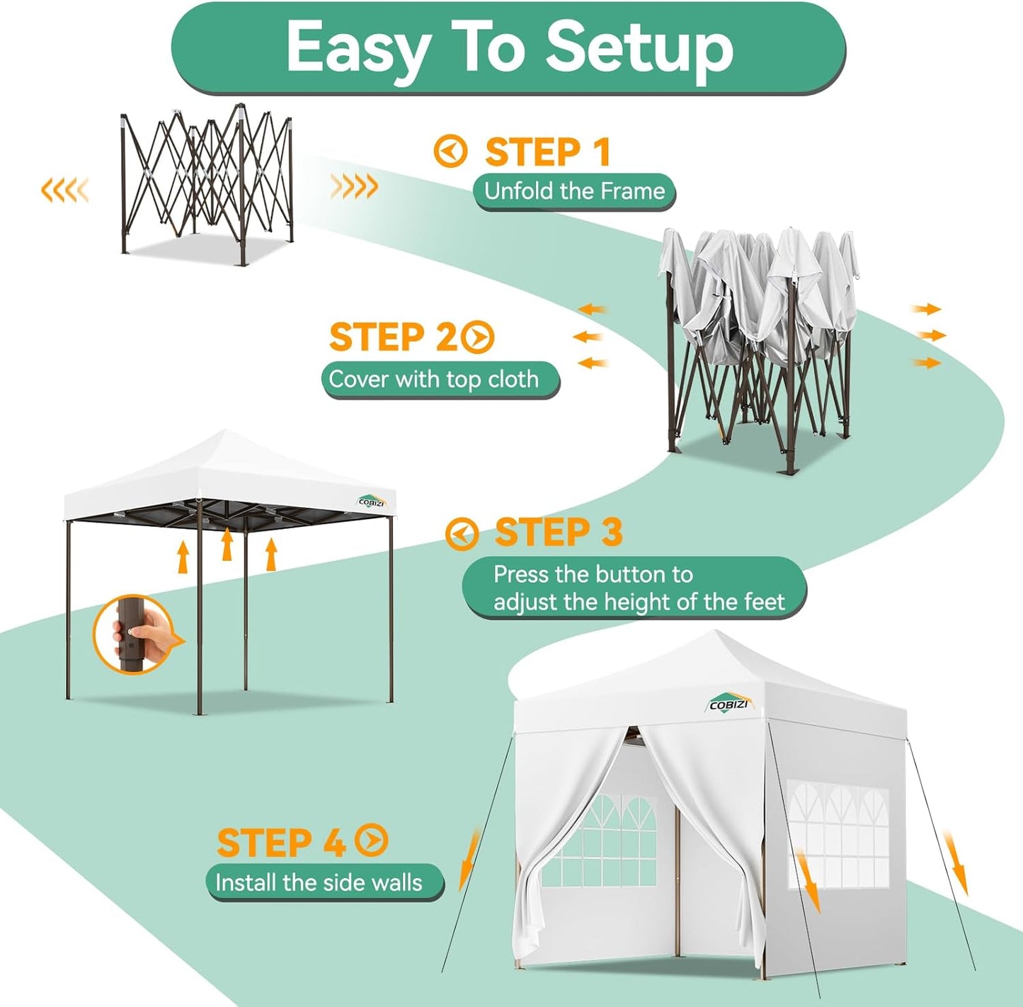 COBIZI 10x10 Pop Up Canopy Tent Heavy Duty with 4 Sidewall, Commercial Outdoor Easy Pop Up Gazebo for Party Wedding All Weather Waterproof UV 50+ with Carry Bag(Leg Upgraded),White